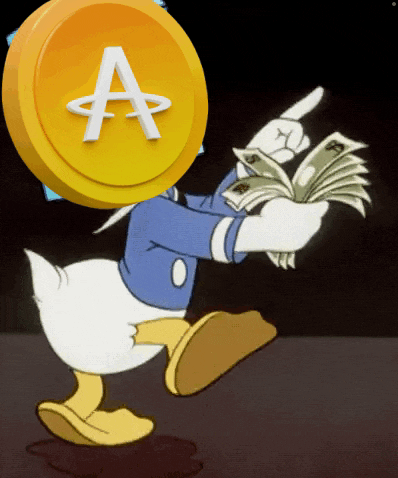 donald duck is holding a bunch of money with a coin on his head