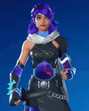 a woman with purple hair is wearing a galaxy inspired outfit