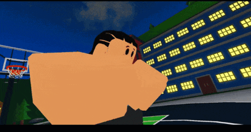 a cartoon character stands in front of a basketball hoop