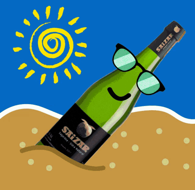 a bottle of sayzur sits in the sand with a sun in the background