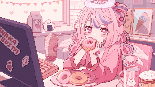 a pixel art of a girl eating donuts with a laptop that says naka suta
