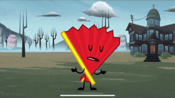 a cartoon drawing of a red fan with a sad face