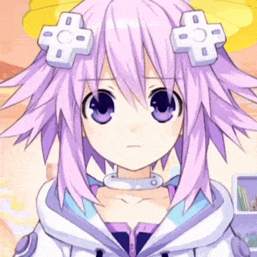 a close up of a purple haired anime girl with white crosses on her ears .