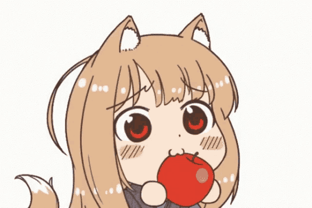 a cartoon of a girl with a cat ear eating an apple