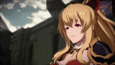 a blonde anime girl with red eyes and a bow in her hair