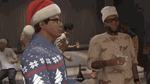 a man wearing a santa hat is talking to another man in a video game