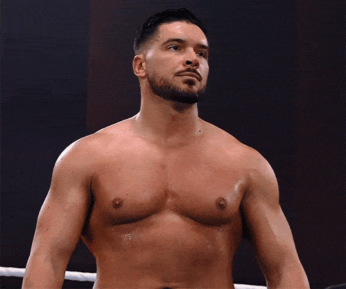 a shirtless wrestler with a beard is standing in a ring