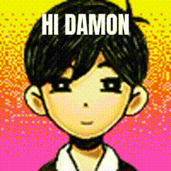 a pixel art drawing of a boy with the words `` hi damon '' written above him .