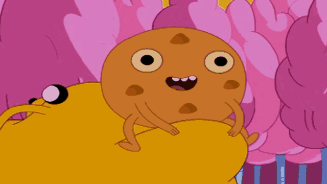 a cartoon character with a cookie and a dog on his back