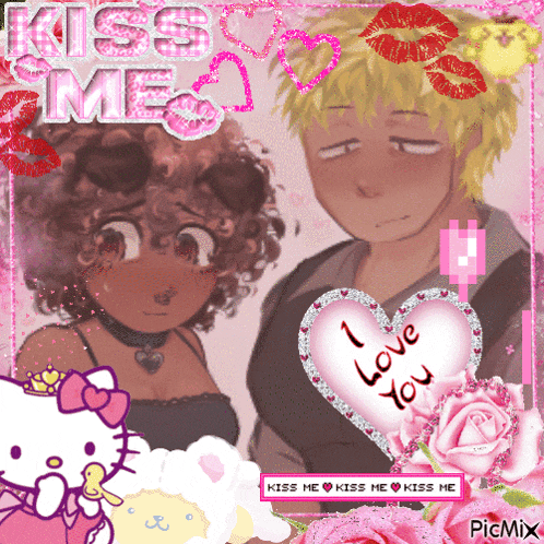 a picture of a girl and a boy with a heart that says kiss me
