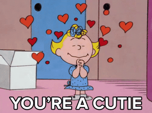 a cartoon of a girl surrounded by hearts with the words you 're a cutie below her