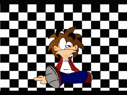 a cartoon character is sitting on a checkered floor with an arrow pointing upwards