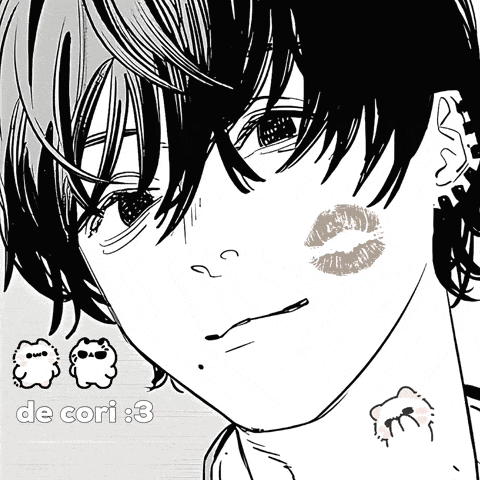 a black and white drawing of a girl with a kiss on her face