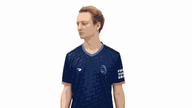 a man wearing a blue shirt that says fin you or