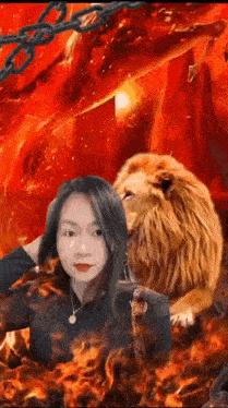 a woman is posing for a picture with a lion in the background