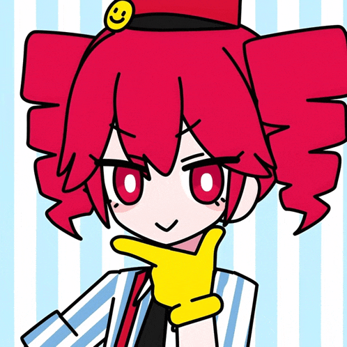 a cartoon girl with red hair and a smiley face on her top hat