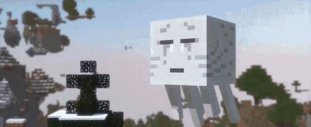 a minecraft skeleton with a sad face is standing in the middle of a field .