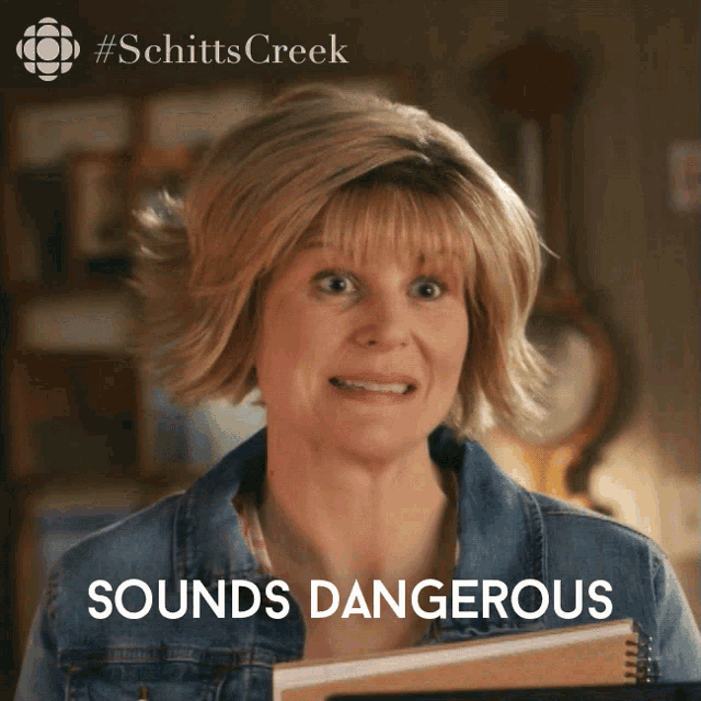 a woman in a denim jacket is holding a notebook and the words sounds dangerous are above her