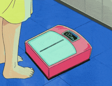 a cartoon drawing of a person standing on a scale that says ' 00 ' on it
