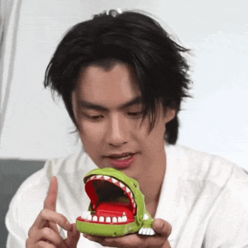 a man is holding a toy that looks like a crocodile