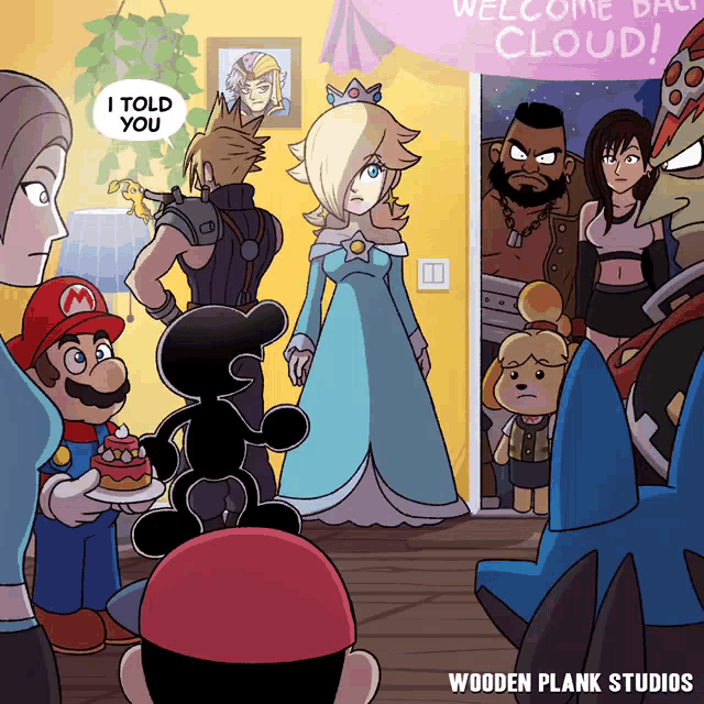 a cartoon of a group of video game characters including mario and cloud
