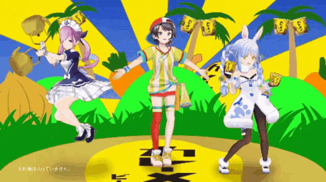 three anime girls are dancing in front of a yellow background with chinese writing on it