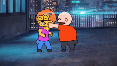 a cartoon of a man slapping another man 's face with a sign in the background that says ' one way '
