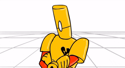 a cartoon of a yellow robot with red arms and legs