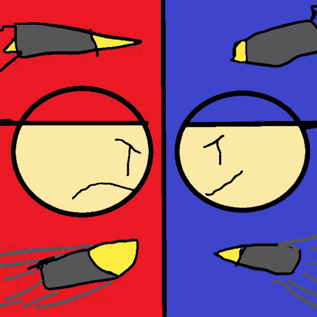 a drawing of a red and a blue circle with a face and bullets