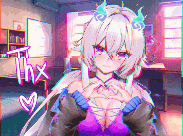 a girl with white hair and horns is making a heart with her hands and the word thx is next to her