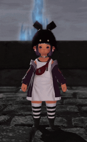 a girl with a black hat and striped socks is standing on a stone floor
