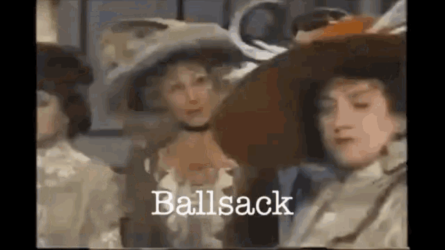 a group of women wearing hats are standing next to each other and the word ballsack is on the bottom of the screen