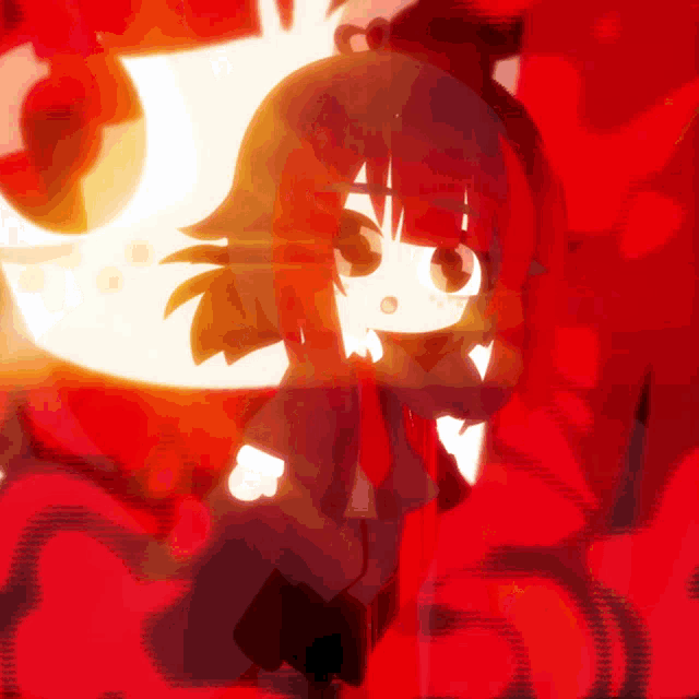 a girl with red hair is standing in a red background