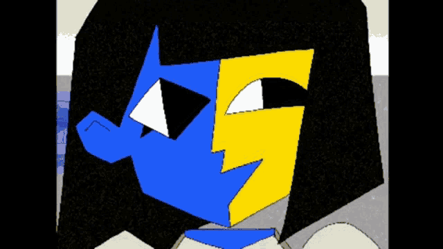 a cartoon character with a blue and yellow face and black hair