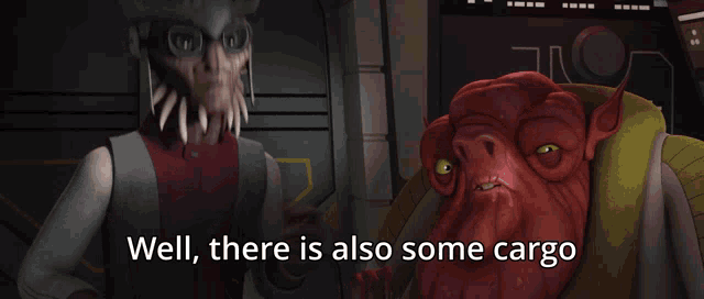 two cartoon characters are standing next to each other with the words well there is also some cargo below them