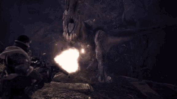 a video game character is shooting a dinosaur with a gun