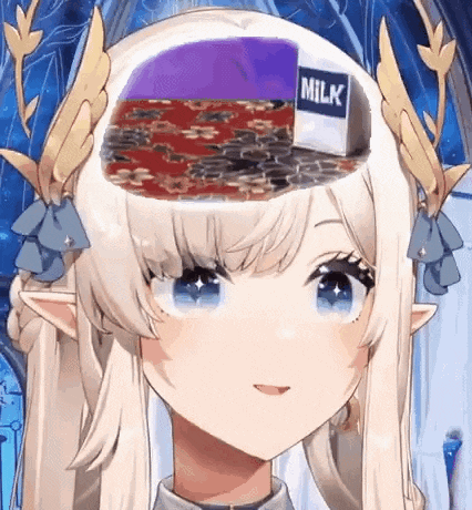 a girl with a milk carton in her head .