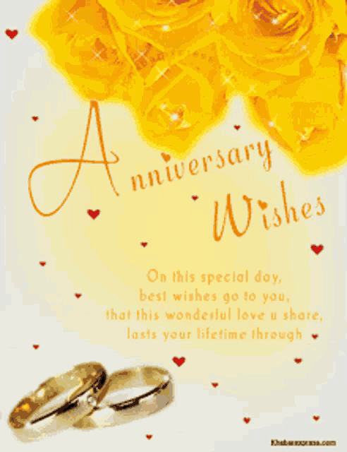 a anniversary wishes card with yellow roses and a pair of wedding rings