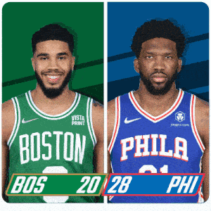 two basketball players from boston and philadelphia are standing next to each other