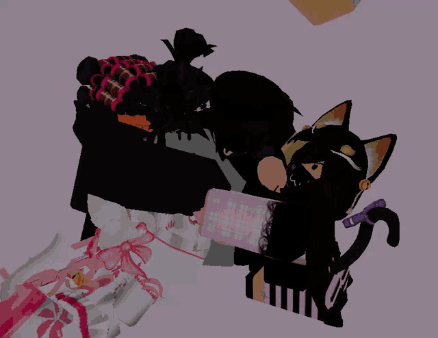a group of cartoon characters including a black cat and a girl with cat ears