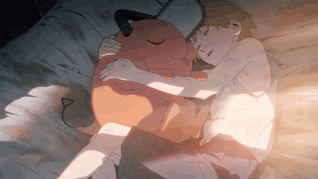 a cartoon drawing of a man sleeping with a stuffed animal