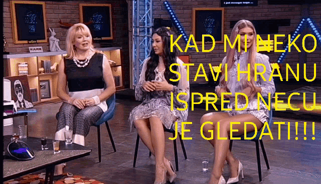 three women are sitting in chairs in front of a screen that says kad mi neko