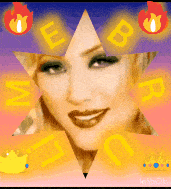 a woman 's face is surrounded by a star with the letters e and b on it