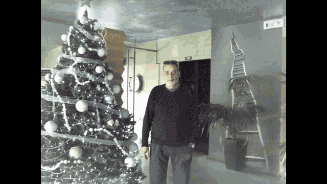 a man stands in front of a decorated christmas tree in a room