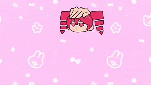 a cartoon drawing of a girl with pink hair and a pink background