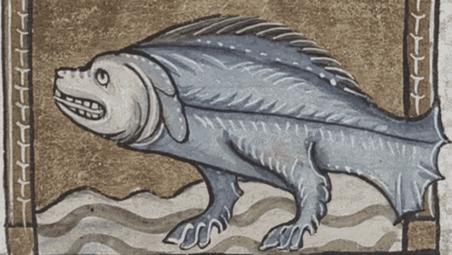 a drawing of a fish with a dog 's head on it