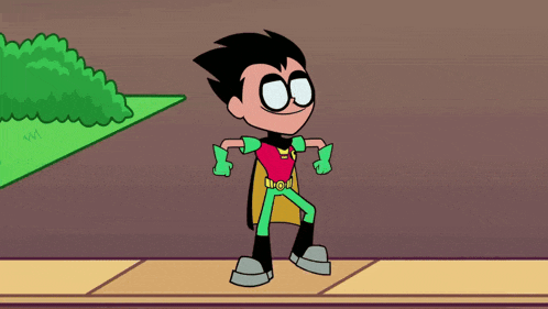 a cartoon character named robin is standing on a sidewalk