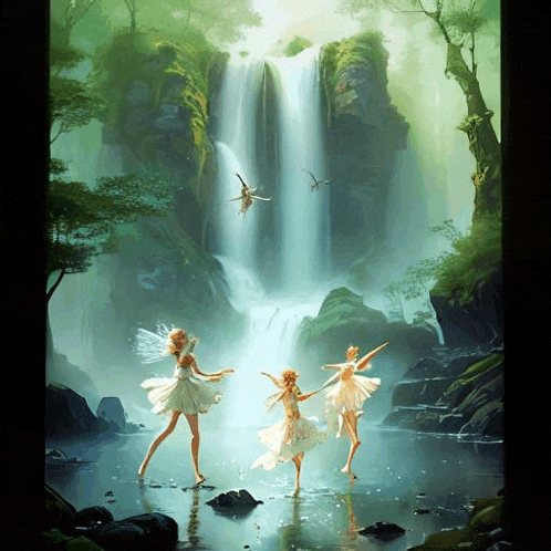 three fairies are dancing in front of a waterfall in a painting .