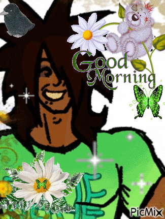 a man in a green shirt is surrounded by flowers and butterflies and says " good morning "