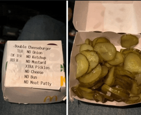 a mcdonald 's receipt for a double cheeseburger and a box of pickles
